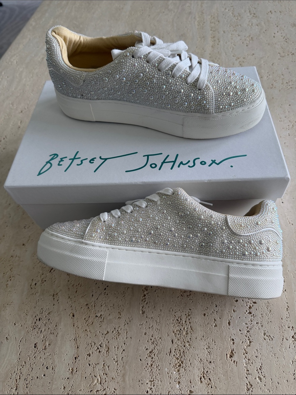 Betsey Johnson Ivory Pearl & Rhinestone Platform Sneakers